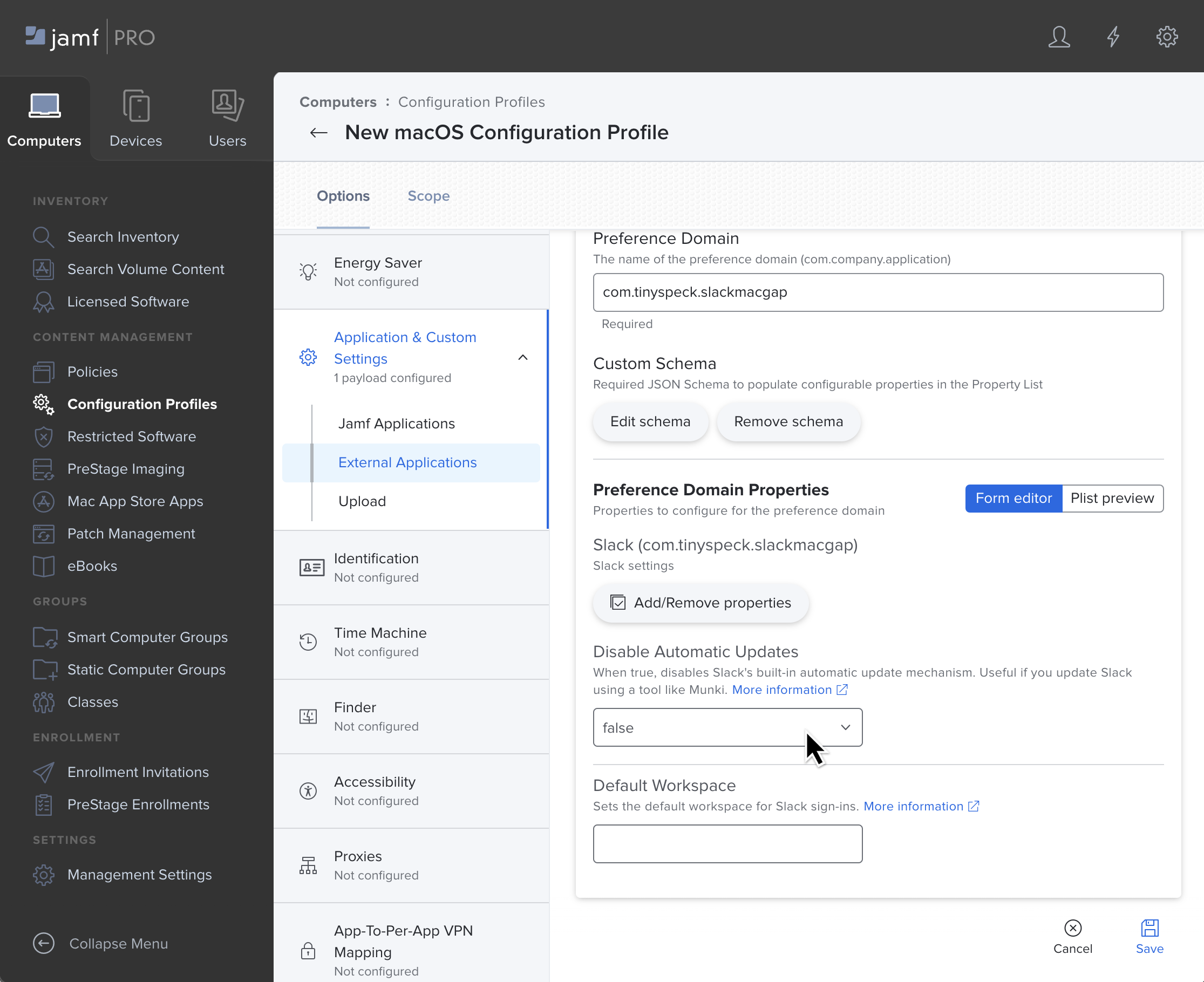 Profile settings with custom manifest